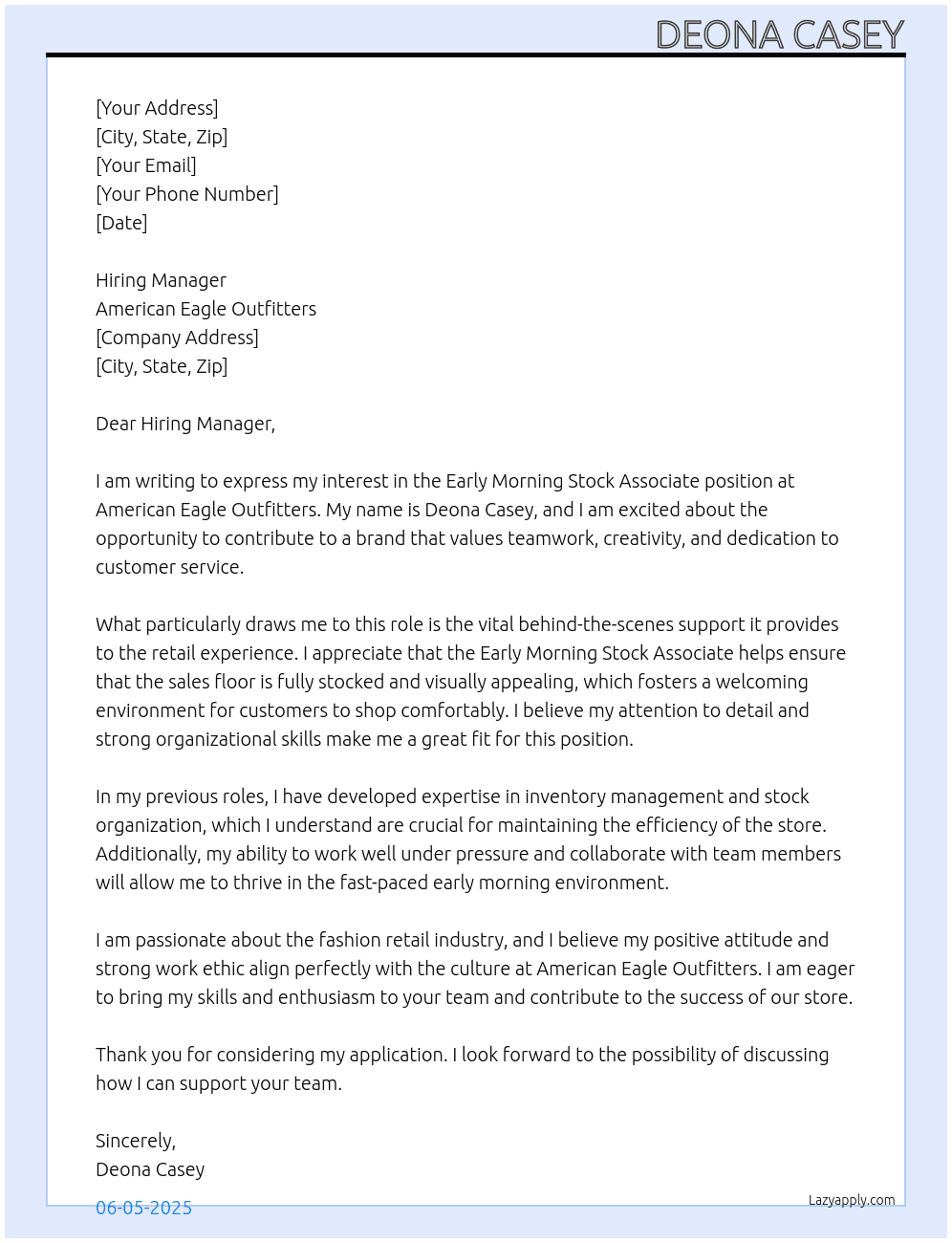Early Morning Stock Associate At American Eagle Outfitters Cover Letter