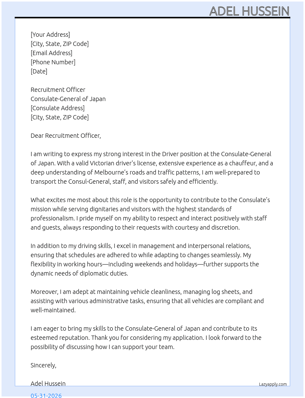 Driver for official cars At Consulate-General of Japan Cover Letter