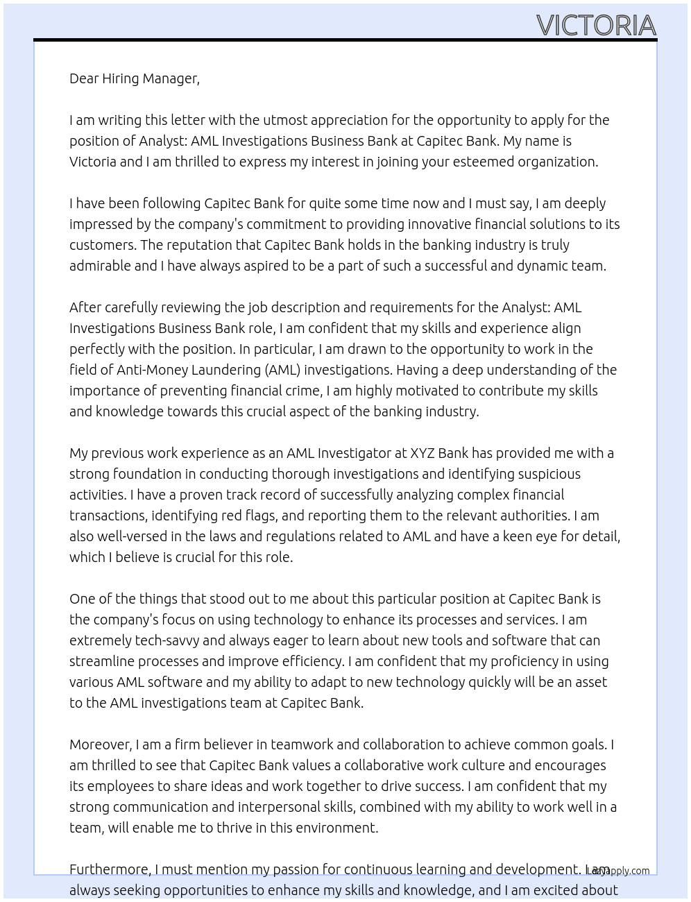 Cover letter for analyst: aml investigations business bank - LazyApply