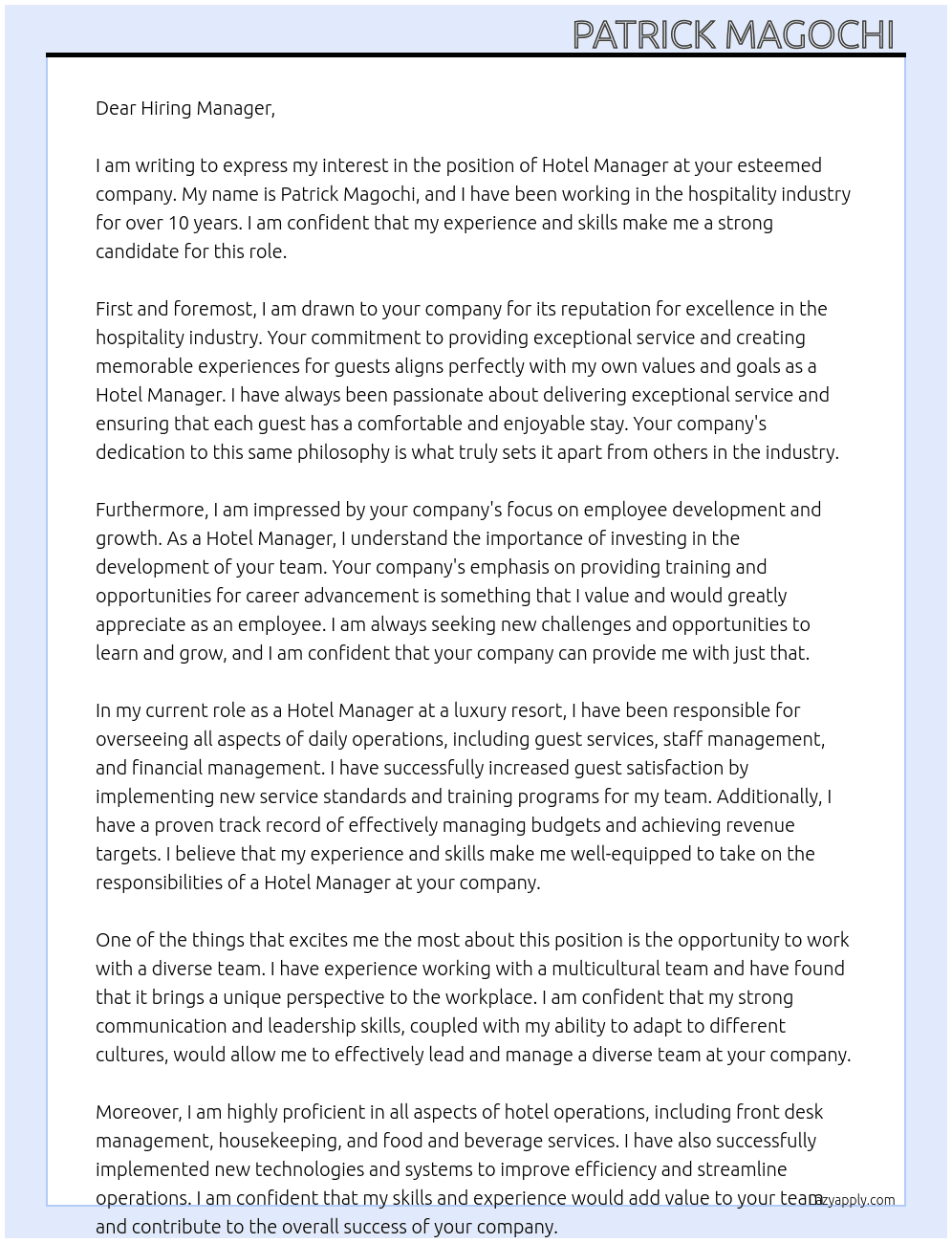 HOTEL MANAGER At N/A Cover Letter