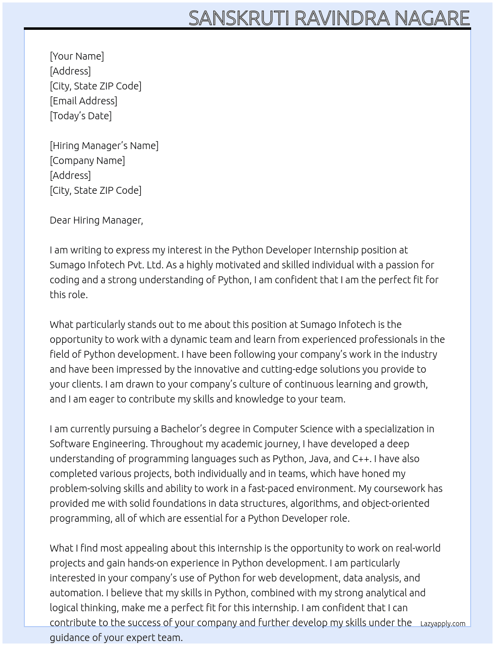 Cover letter for python developer internship - LazyApply
