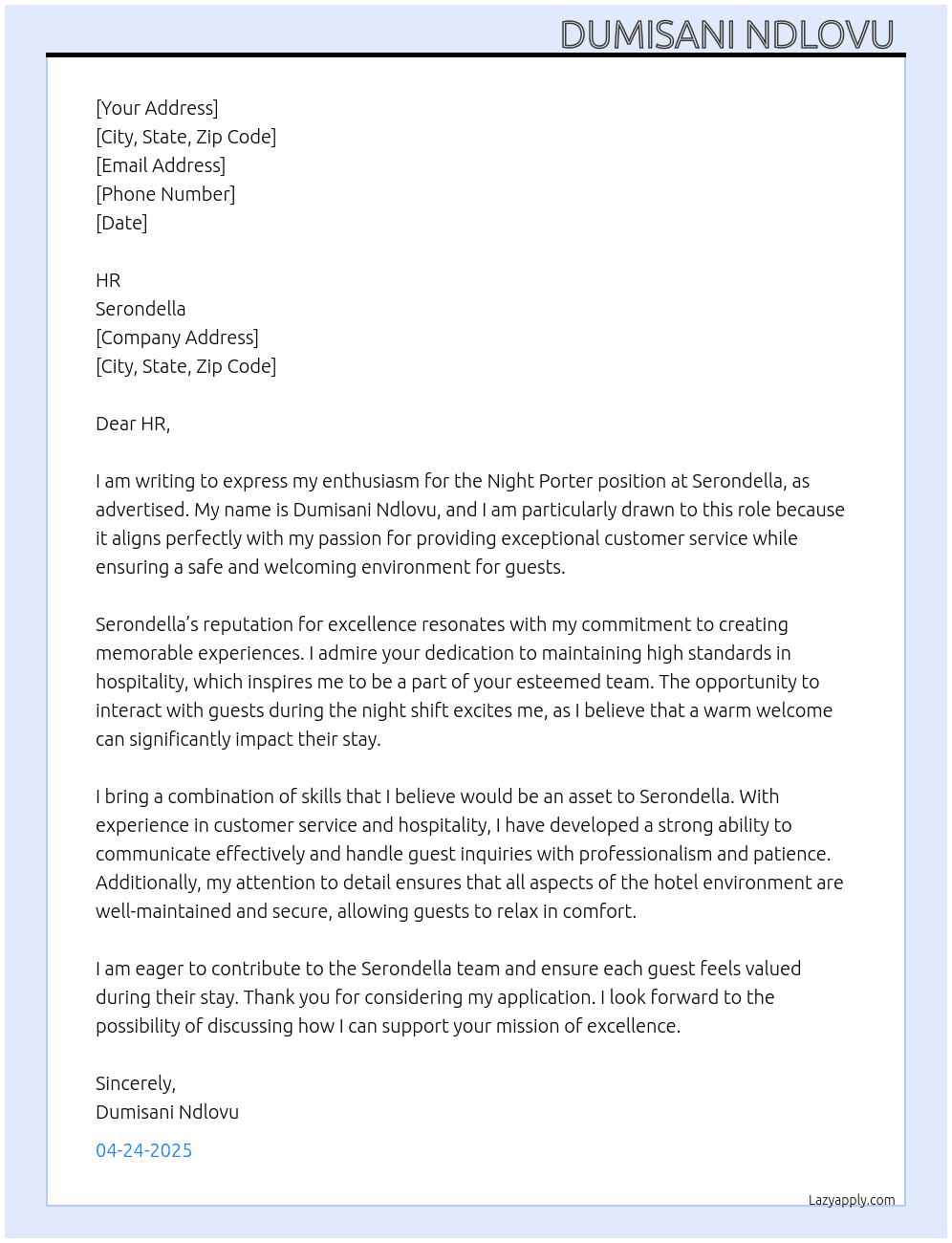 Night porter  At Serondella  Cover Letter