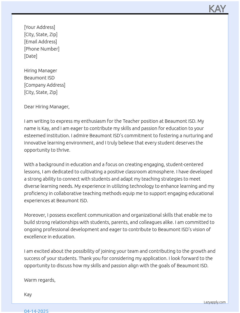 Teacher  At Beaumont ISD  Cover Letter