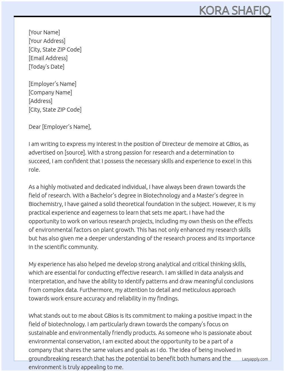 Recherche d'un Directeur de memoire At GBios Cover Letter