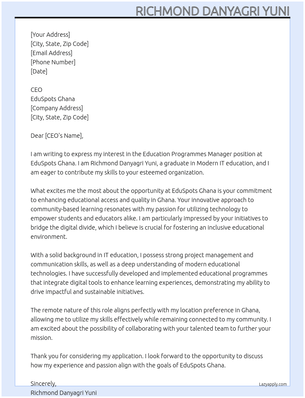 Education Programmes Manager At EduSpots Ghana Cover Letter