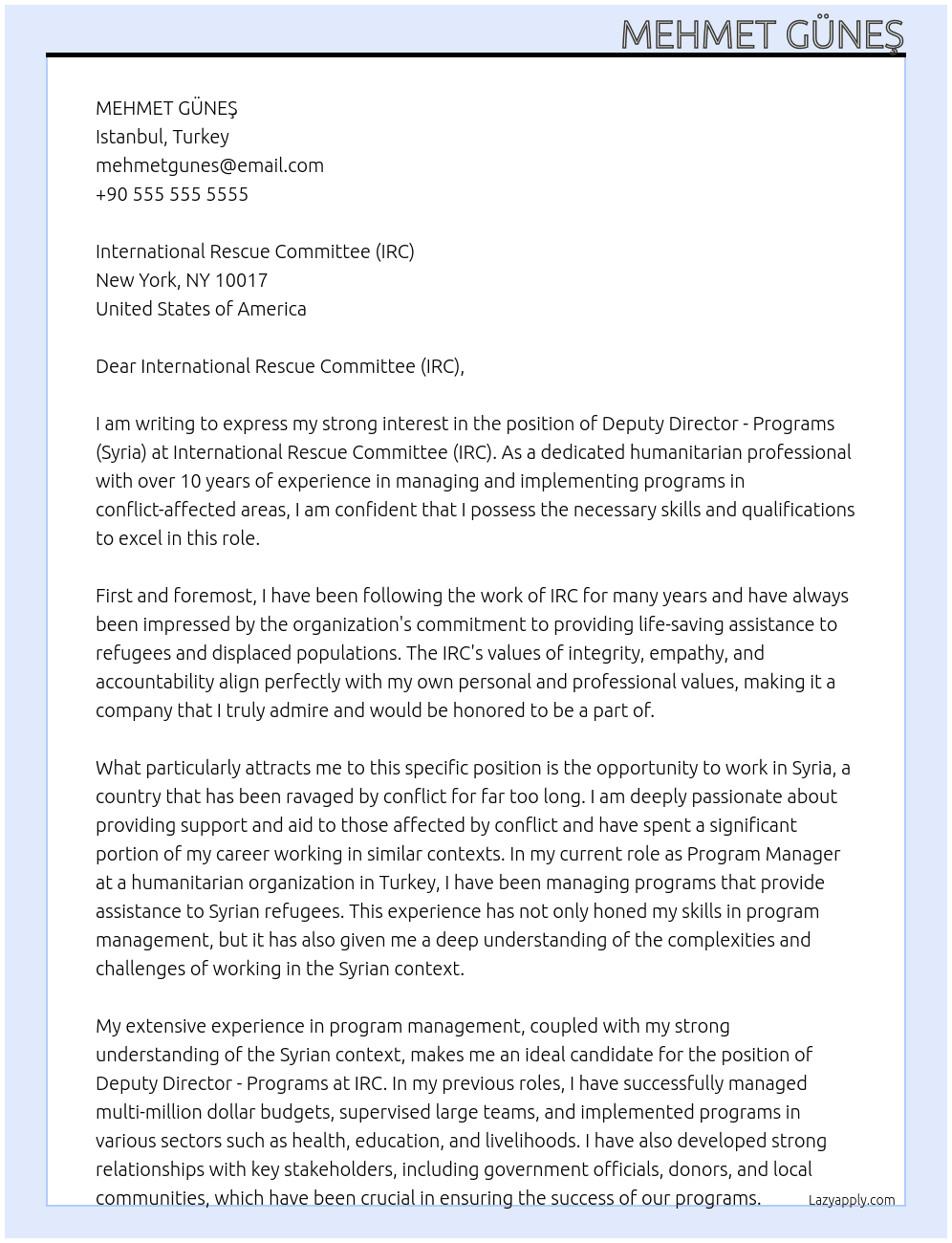 Deputy Director - Programs (Syria) At International Rescue Committee (IRC) Cover Letter