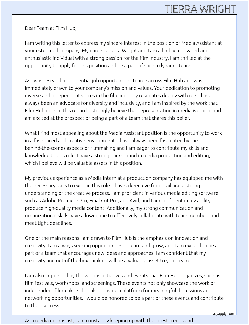 Media Assistant  At Film hub Cover Letter