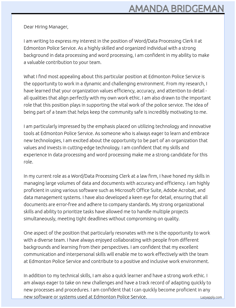 Word/Data Processing Clerk II At Edmonton Police Service Cover Letter
