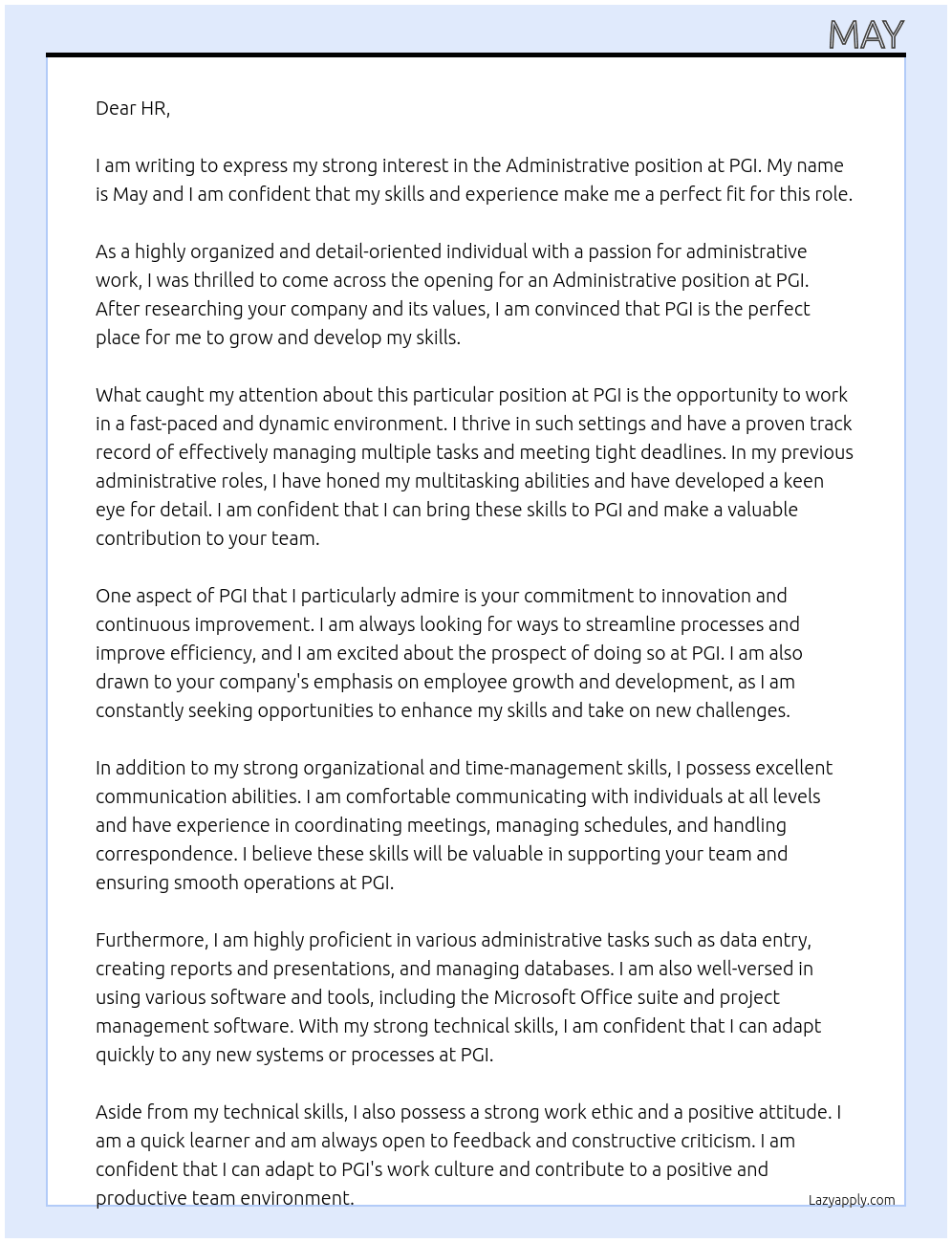 administrative At pgi Cover Letter