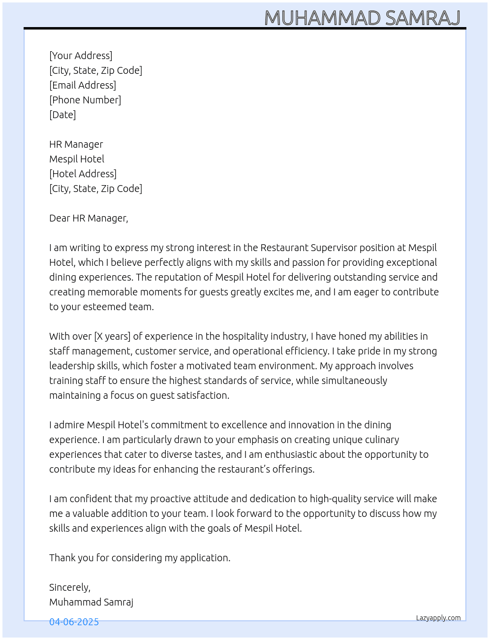 Restaurant Supervisor  At Mespil Hotel Cover Letter