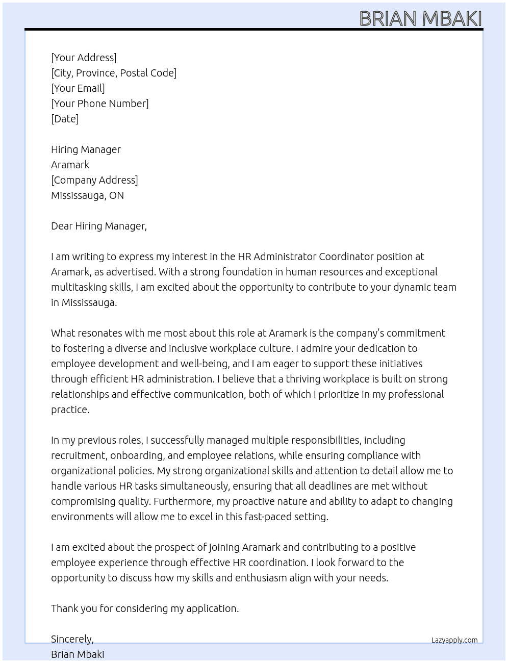 HR Administrator Coordinator At Aramark Cover Letter