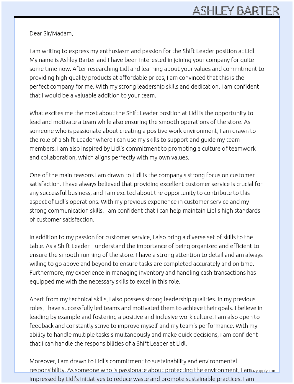 Shift leader At Lidl Cover Letter