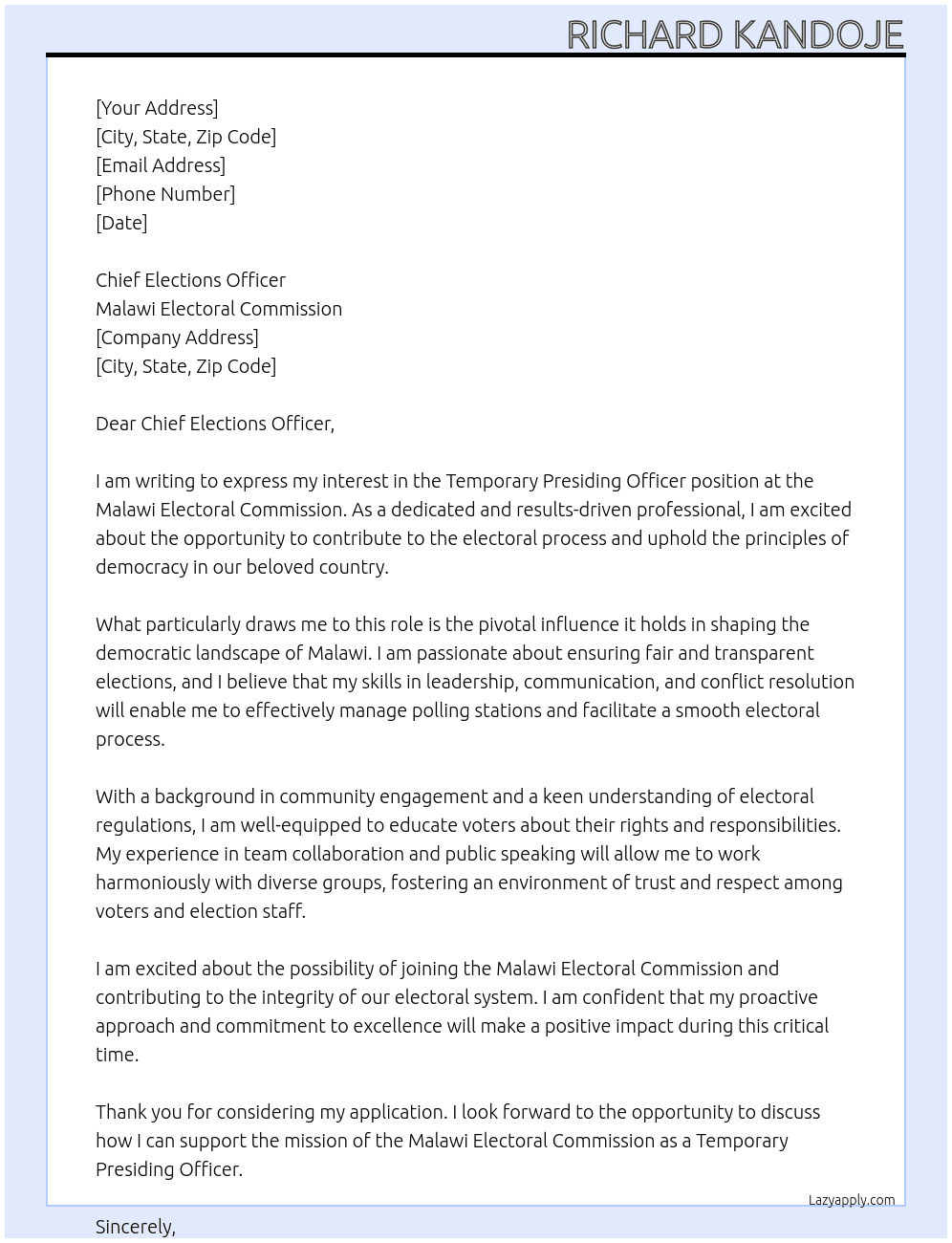 temporary presiding officer At Malawi Electoral Commission Cover Letter