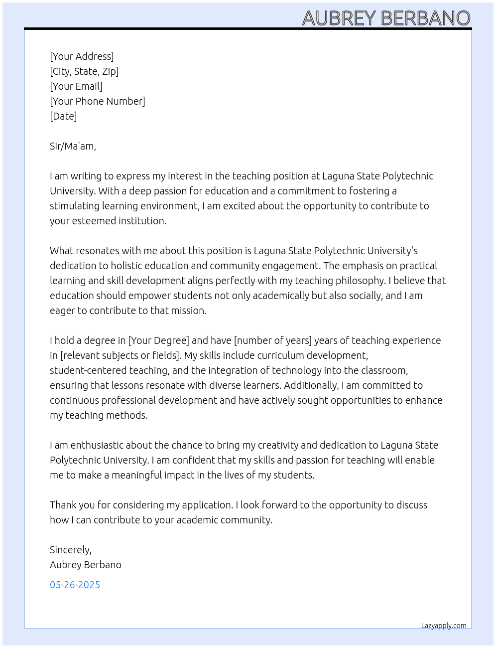 teacher At Laguna State Polytechnic University Cover Letter