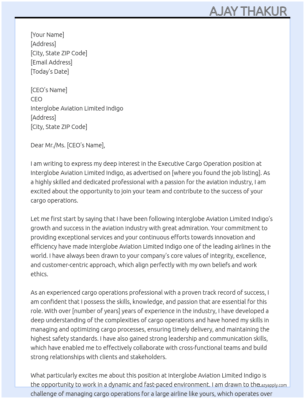 Executive Cargo Operation  At Interglobe Aviation limited Indigo  Cover Letter