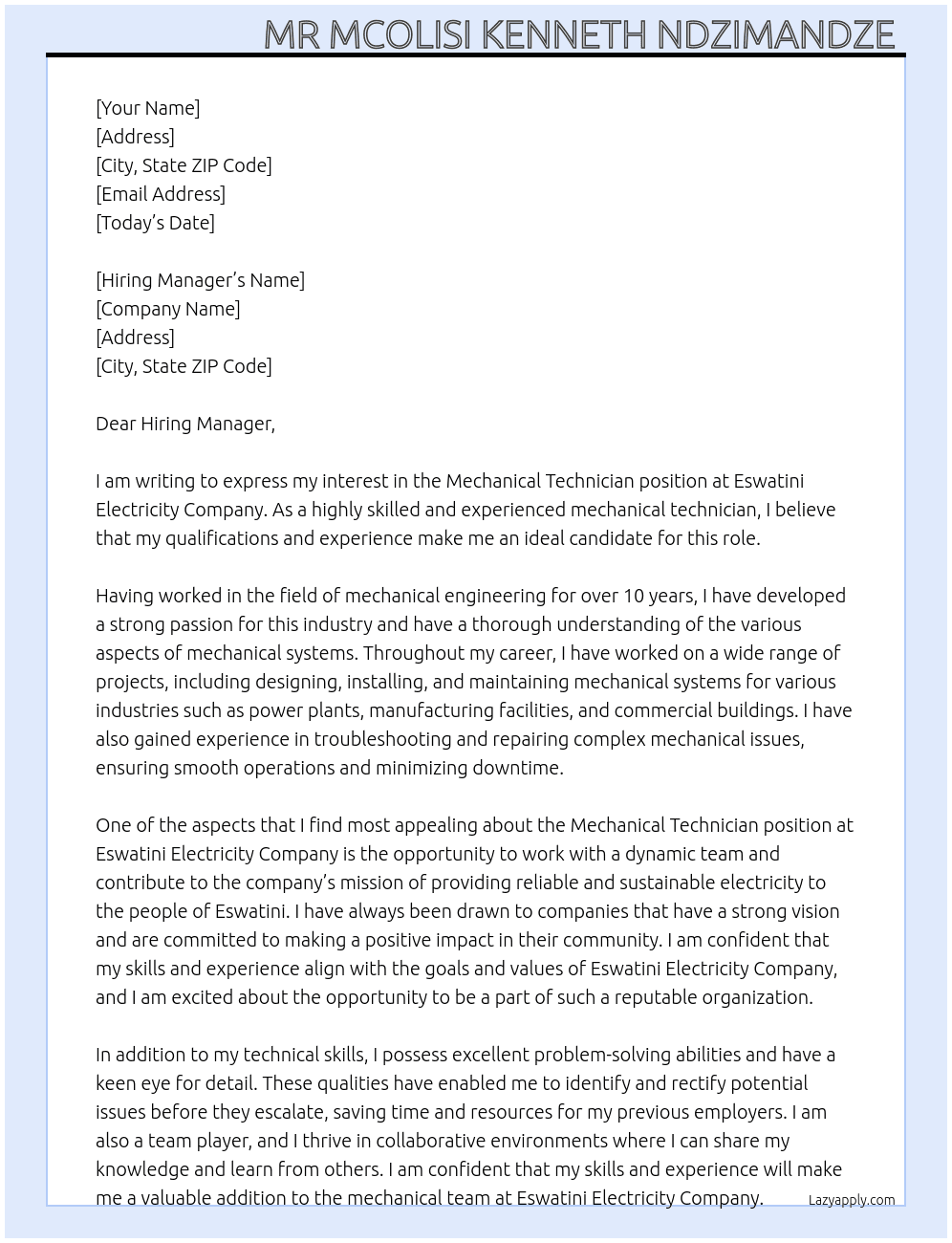 Mechanical Technician  At Eswatini Electricity Company  Cover Letter