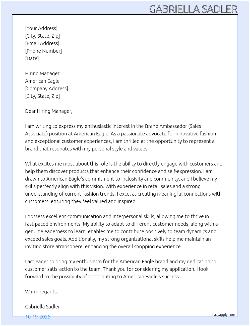 Brand Ambassador (Sales Associate) At American Eagle Cover Letter