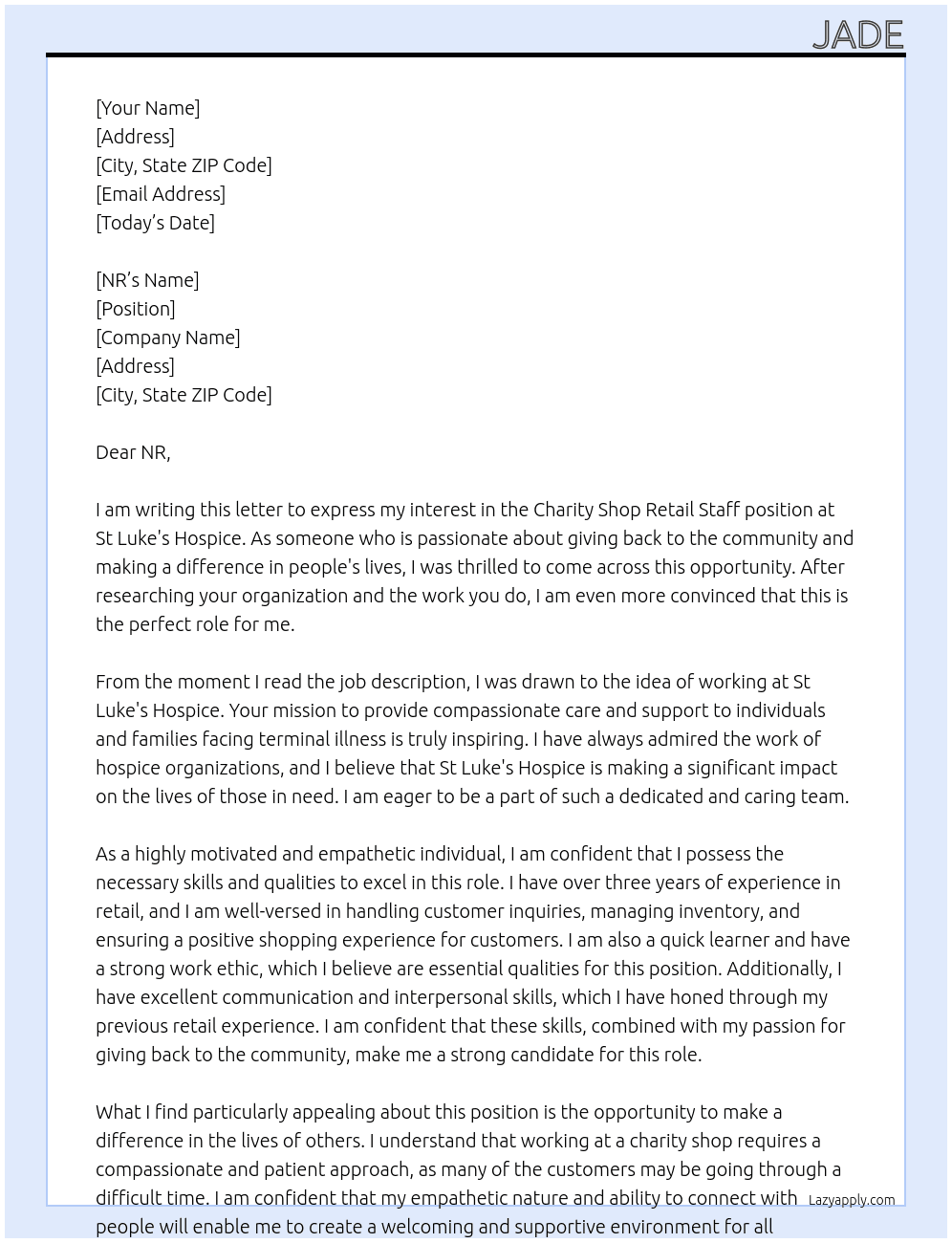 Charity Shop Retail Staff At St Luke's Hospice Cover Letter