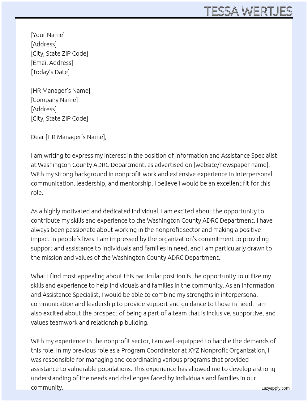 Information and Assistance Specialist At Washington County ADRC Department Cover Letter
