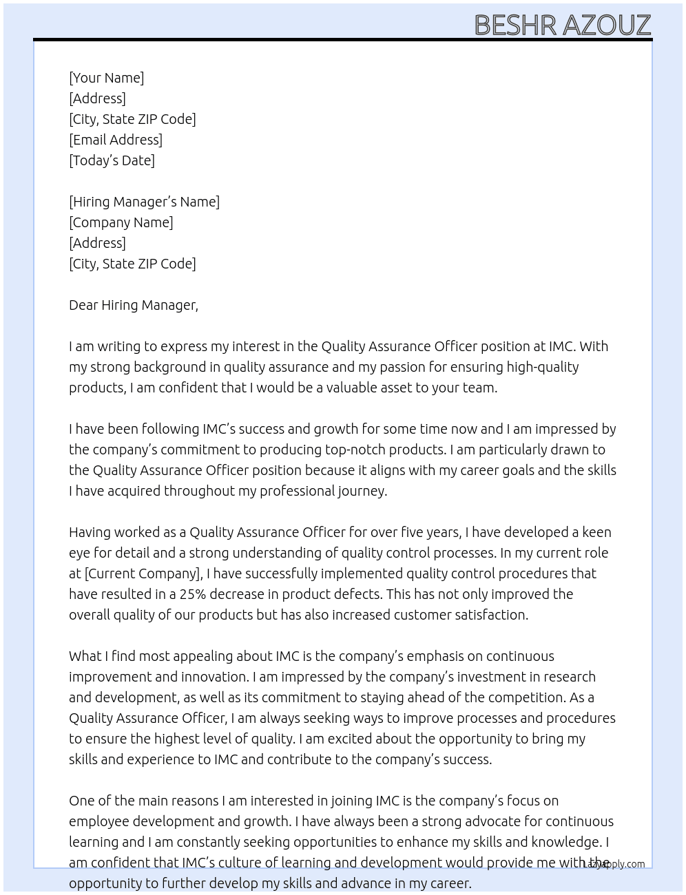 Quality Assurance Officer At IMC Cover Letter
