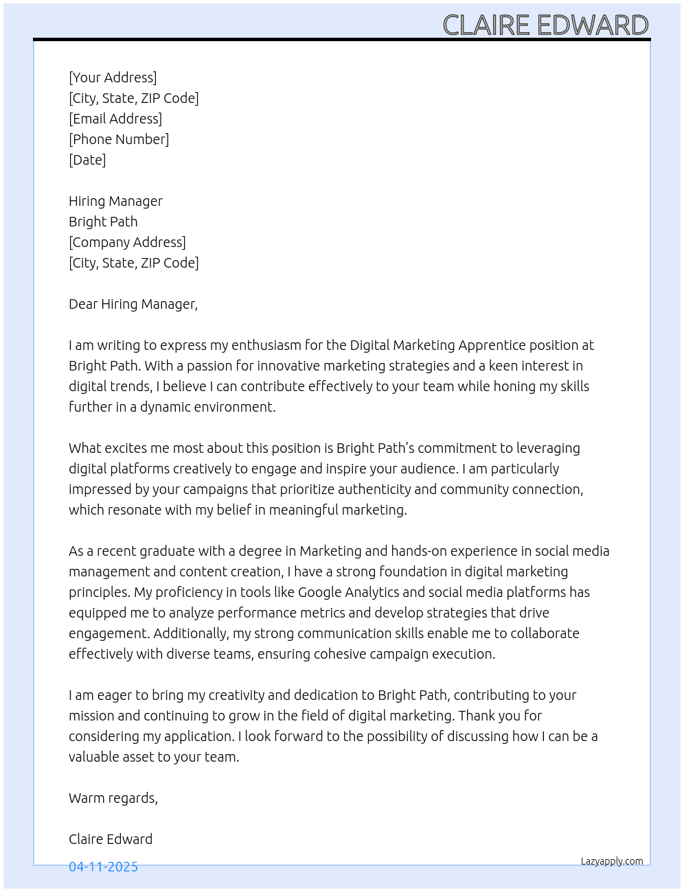 Digtal marketing apprentice At Bright path Cover Letter
