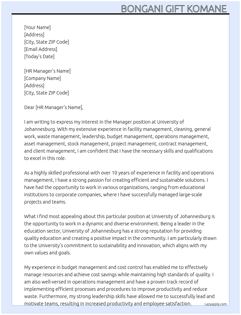 Manager  At University of Johannesburg Cover Letter