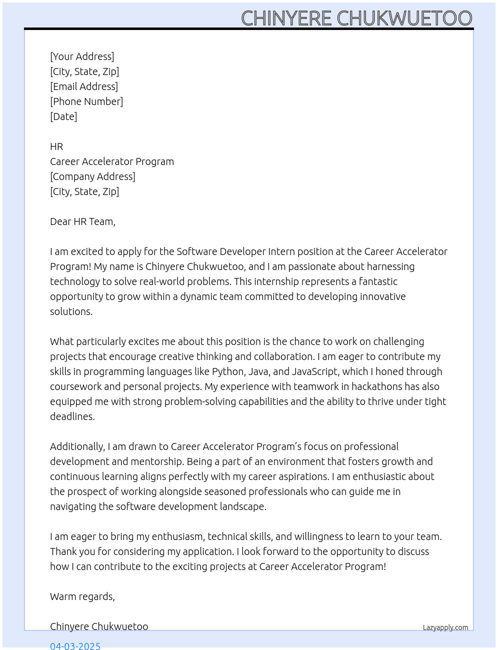 Software developer intern  At Career accelerator program Cover Letter