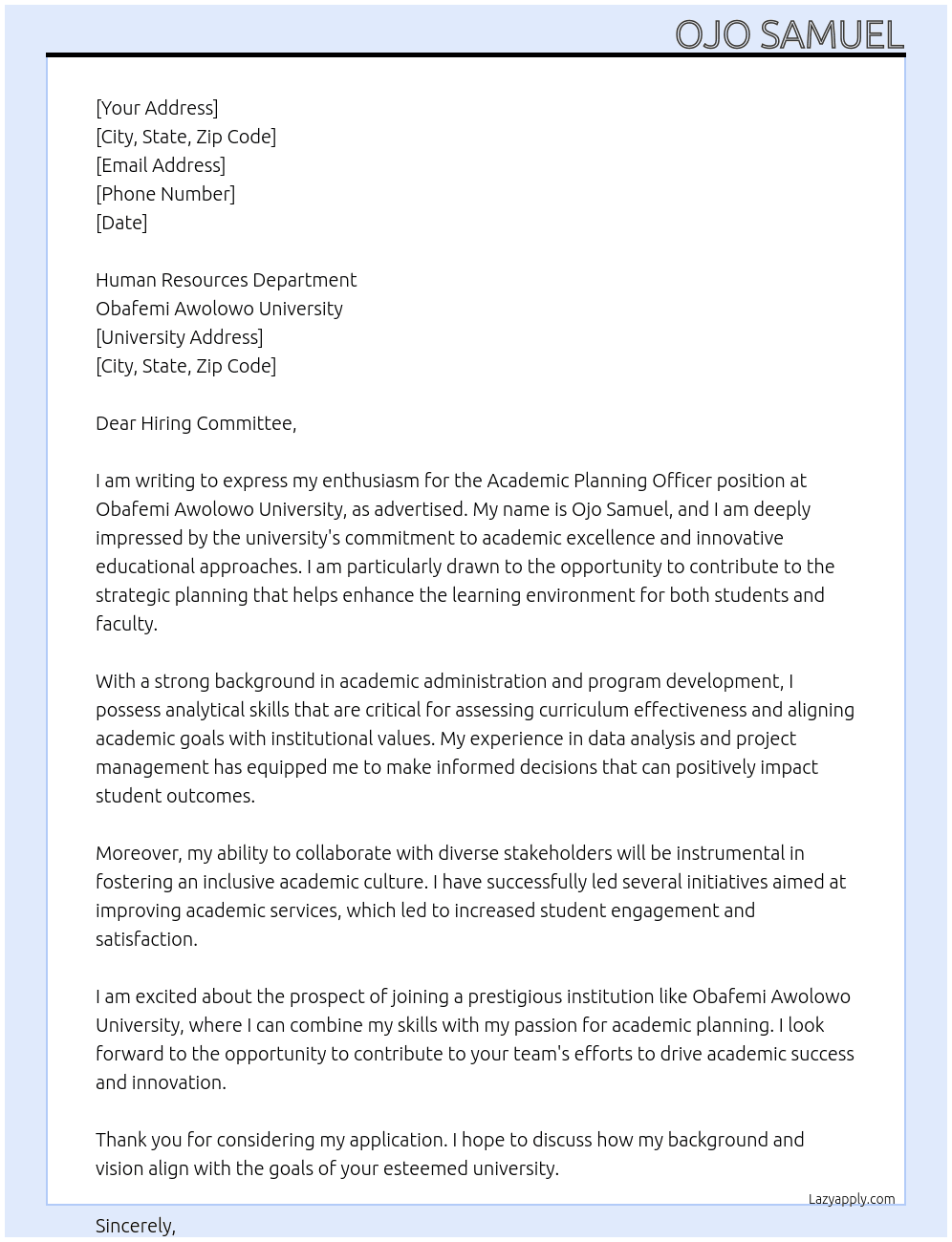 Academic planning officer At Obafemi Awolowo University Cover Letter