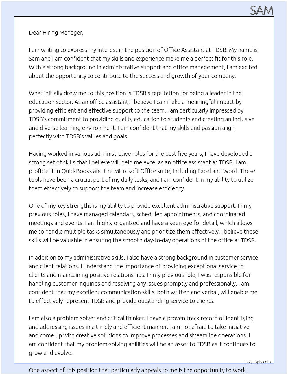 office assistant At tdsb Cover Letter
