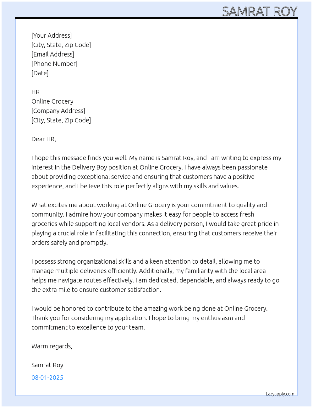 Cover letter for delivery boy job - LazyApply