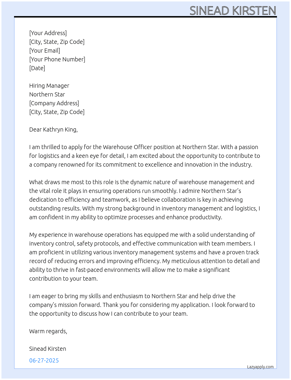 Warehouse Officer At Northern Star Cover Letter