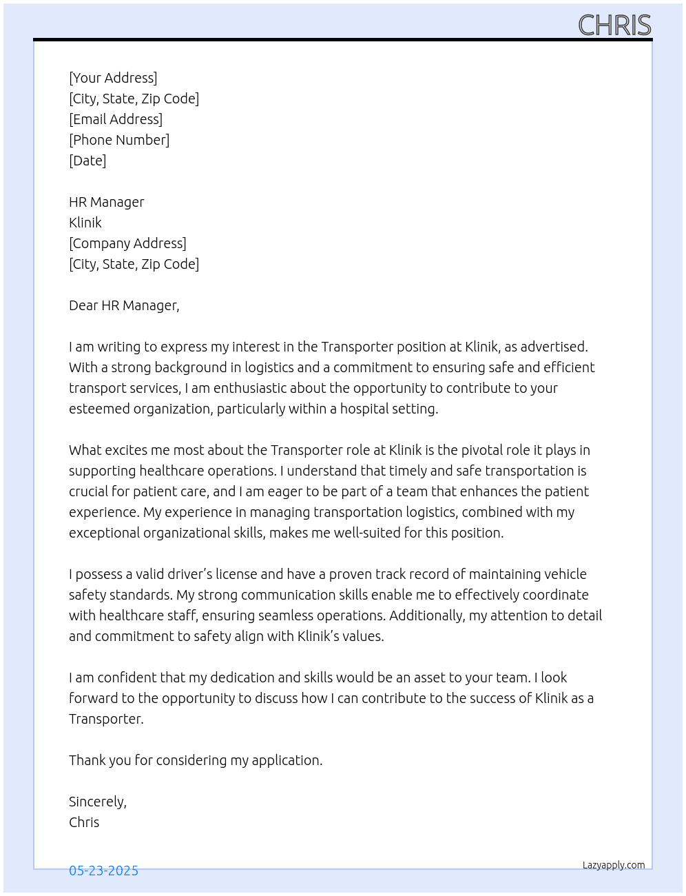 Transporter At Klinik Cover Letter