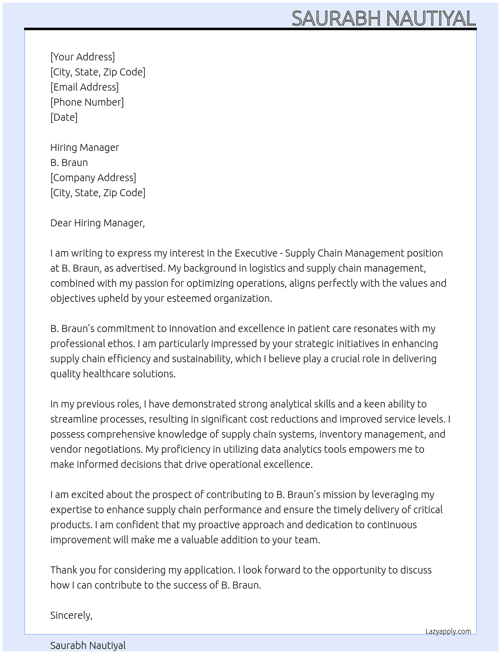 executive-supply chain management At b. braun Cover Letter