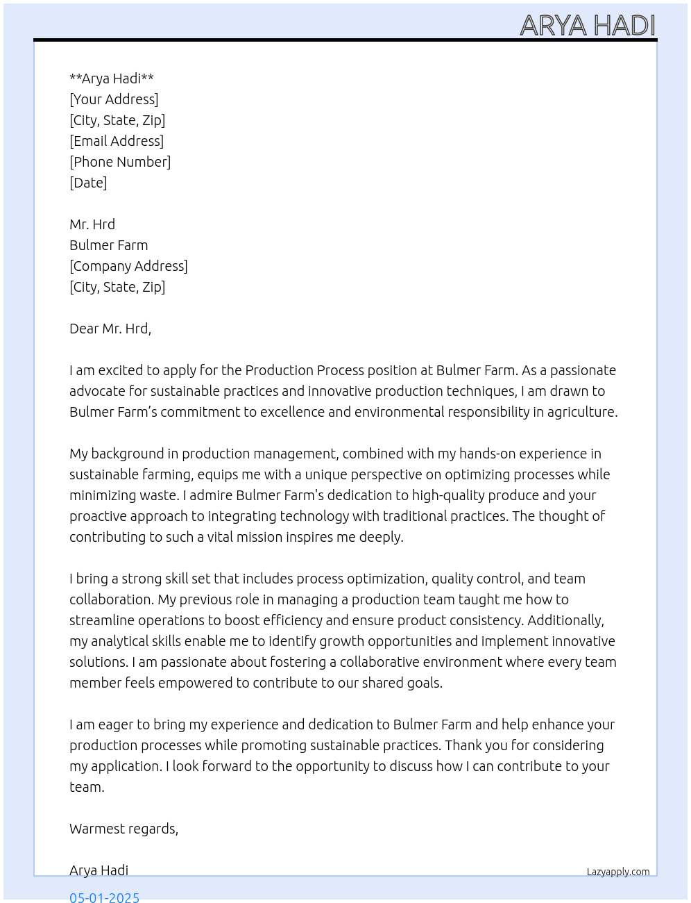 Production process At Bulmer Farm Cover Letter
