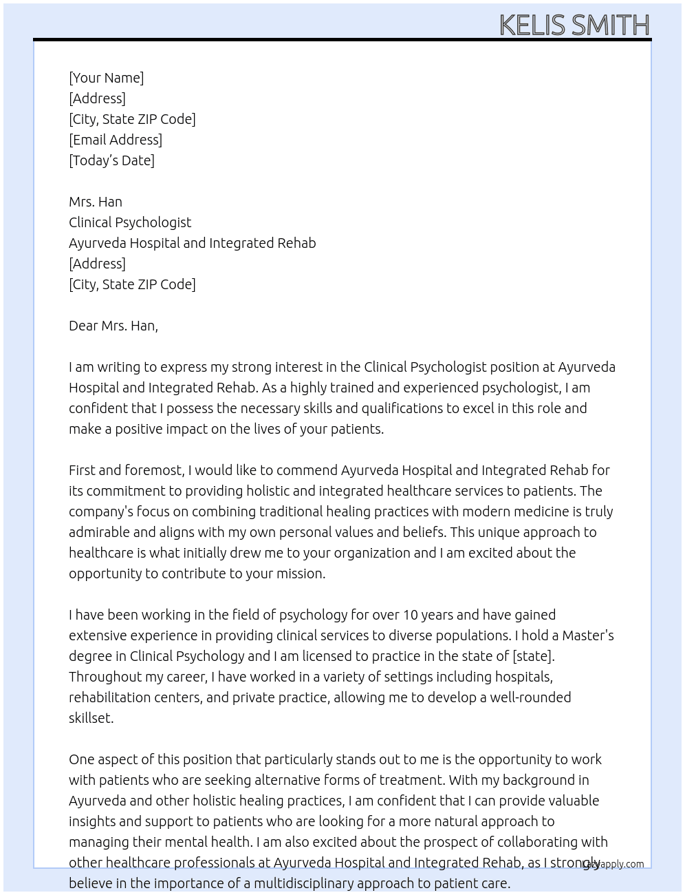 Clinical Psychologist At Ayurveda Hospital and Integrated Rehab  Cover Letter