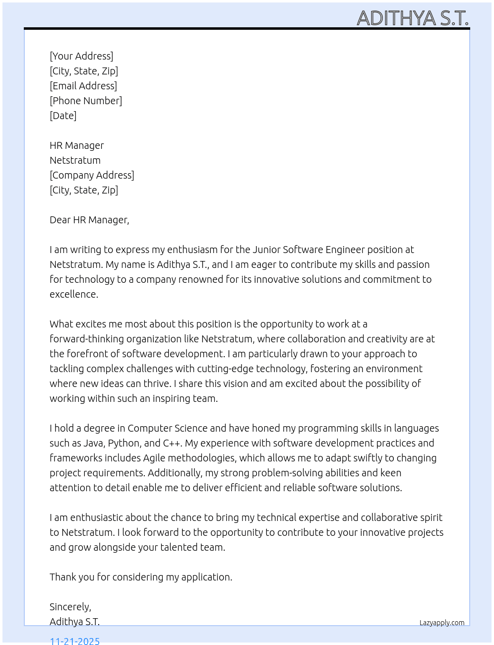 Junior Software Engineer  At Netstratum Cover Letter