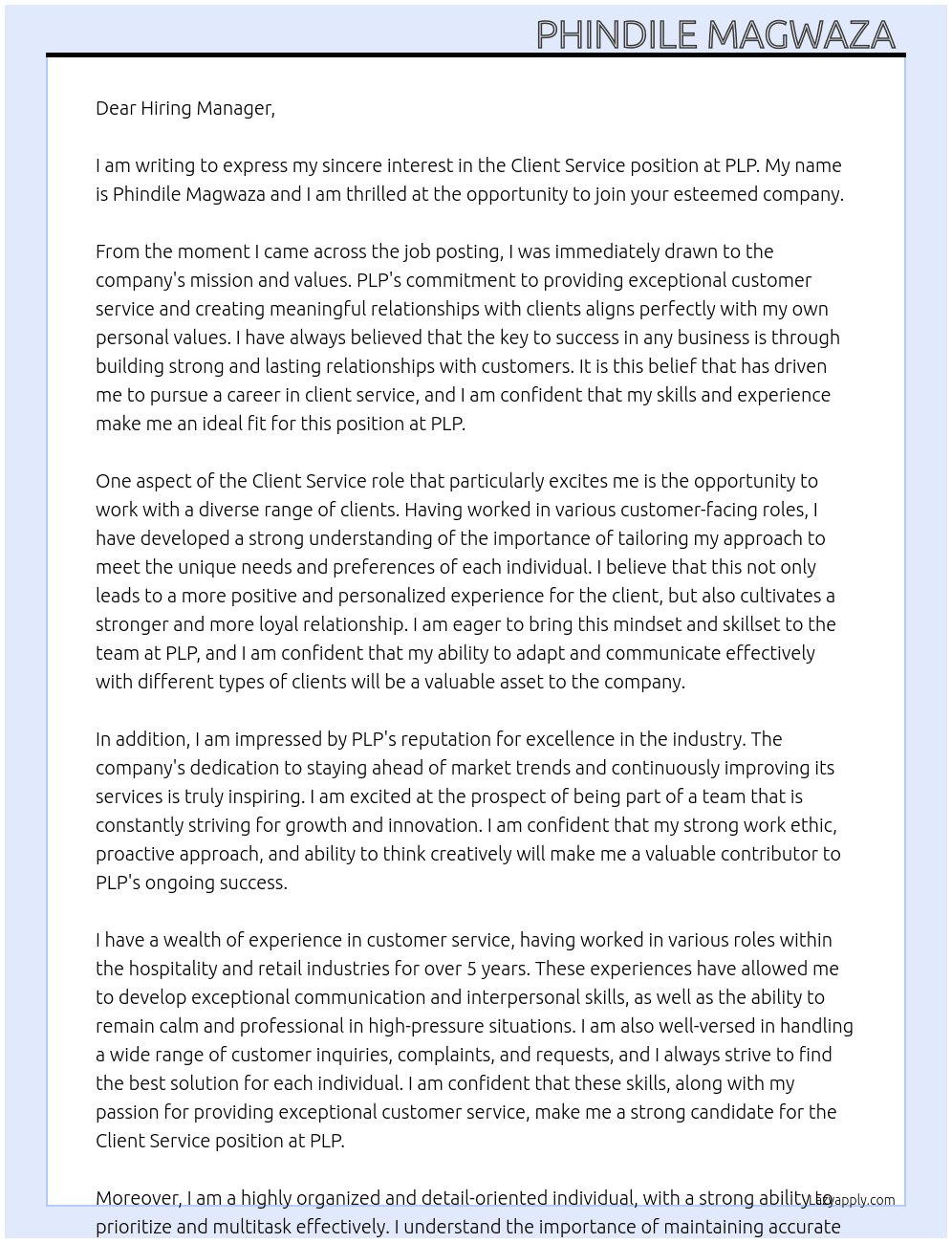 Client Service  At PLP  Cover Letter