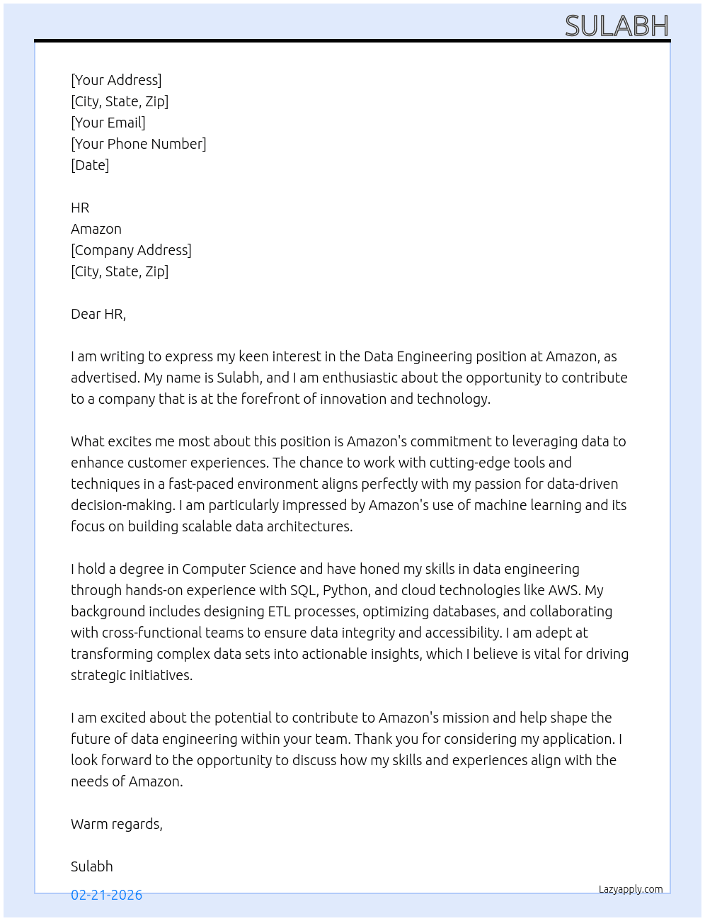data engineering At amazon Cover Letter