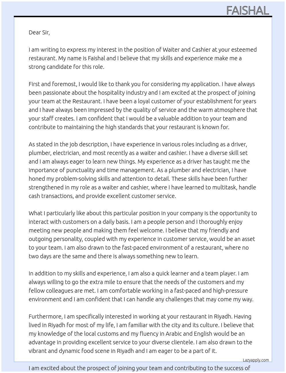 Waiter and Cashier  At Restaurant  Cover Letter