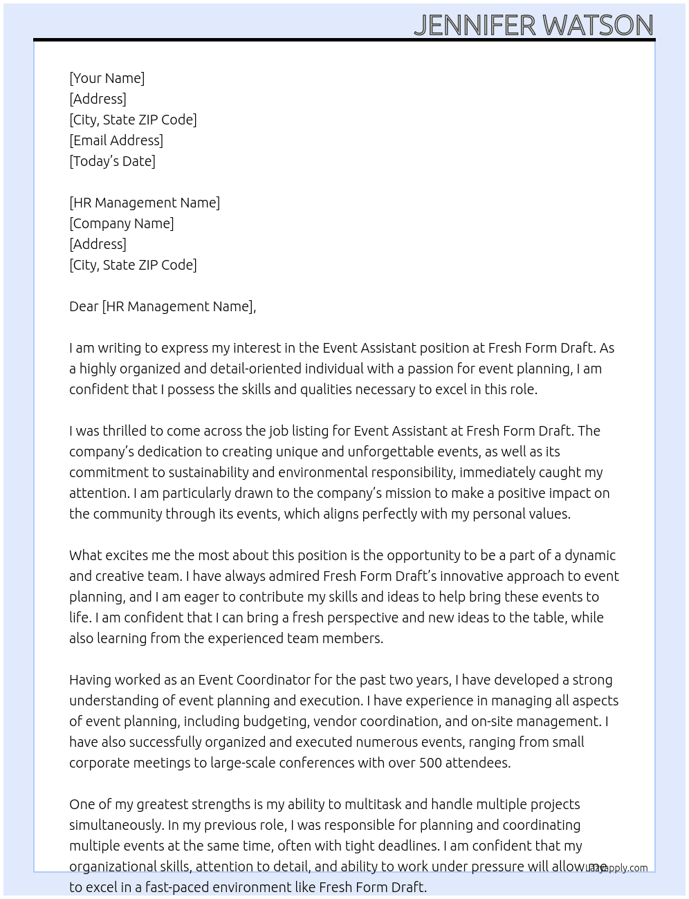 Event Assistant  At Fresh Form Draft Cover Letter
