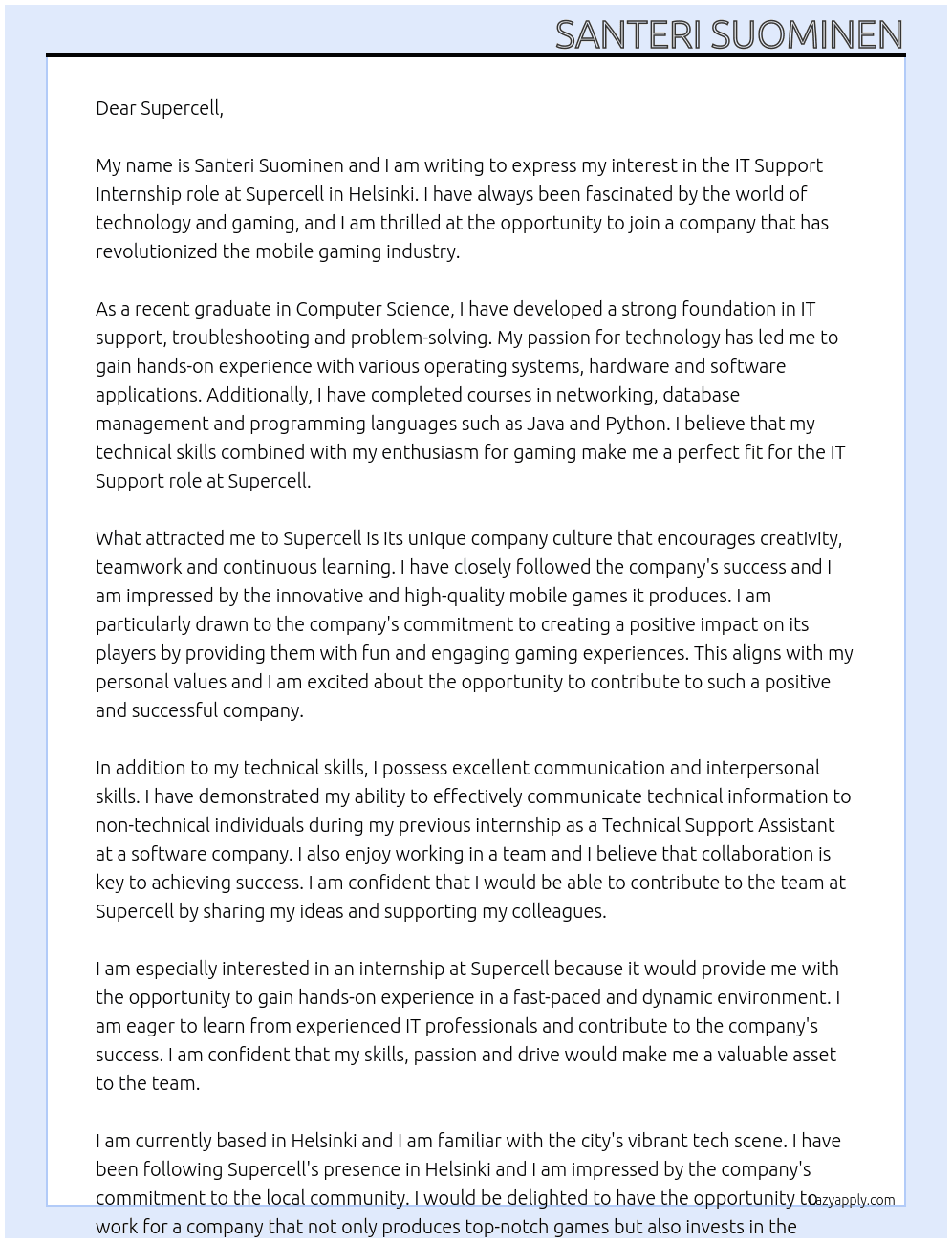IT Support  At Supercell Cover Letter