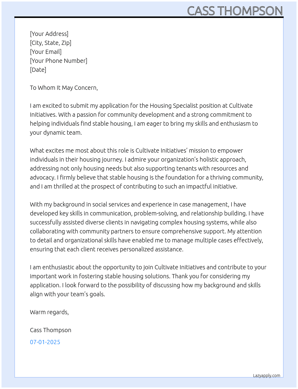 Cover letter for housing specialist - LazyApply