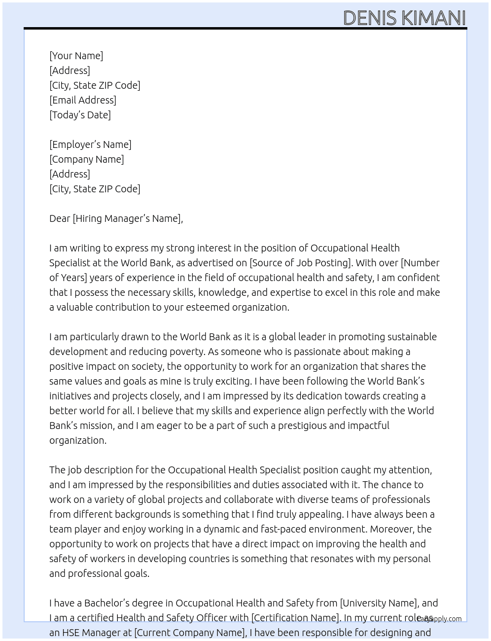 Cover letter for occupational health specialist - LazyApply