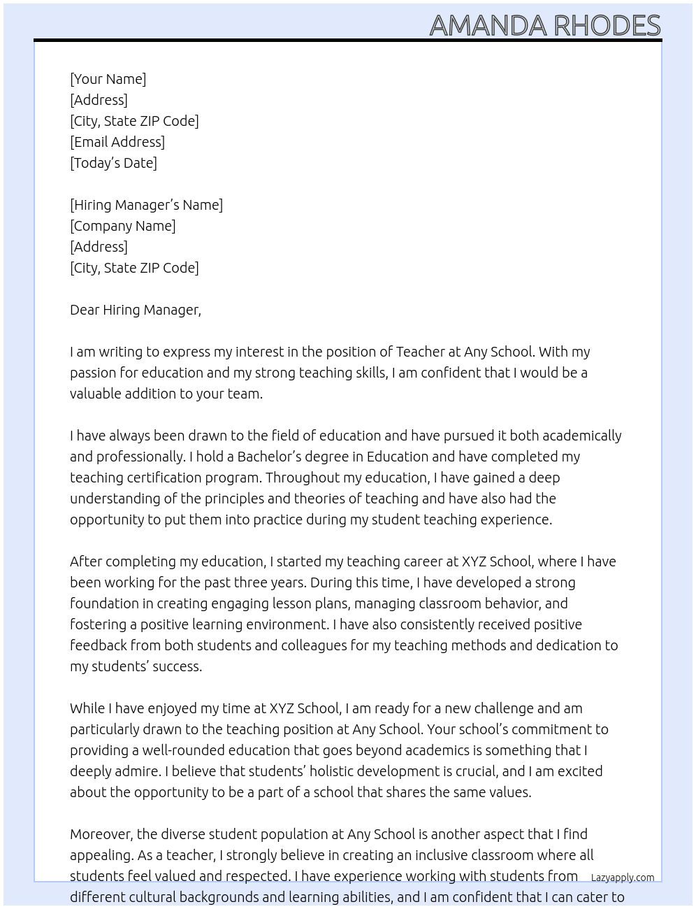 Teacher  At Any school Cover Letter