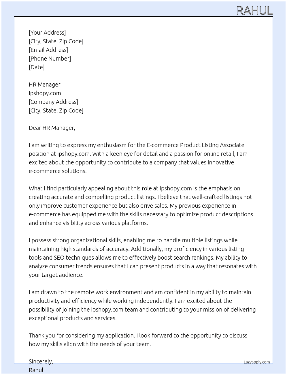 E-commerce Product Listing Associate (Work from Home) At ipshopy.com Cover Letter