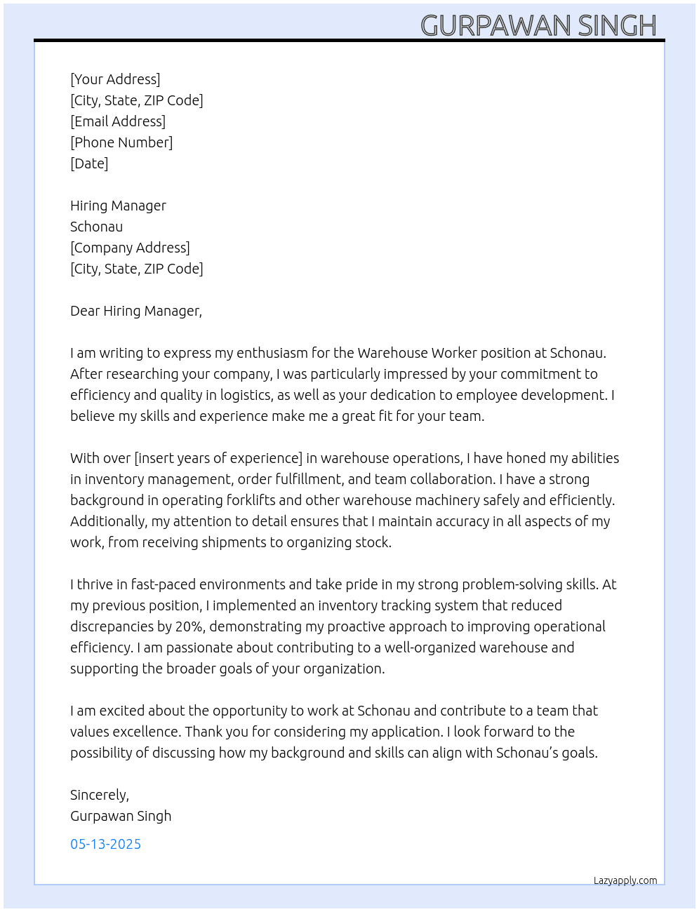 Warehouse worker / Lagerist At Schonau  Cover Letter