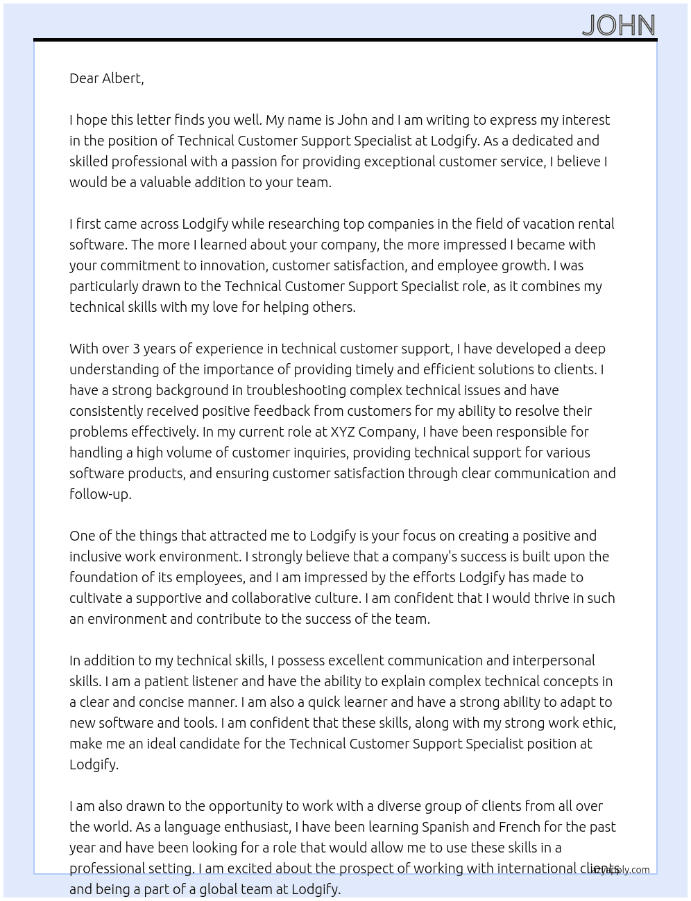 Technical Customer Support Specialist  At Lodgify Cover Letter