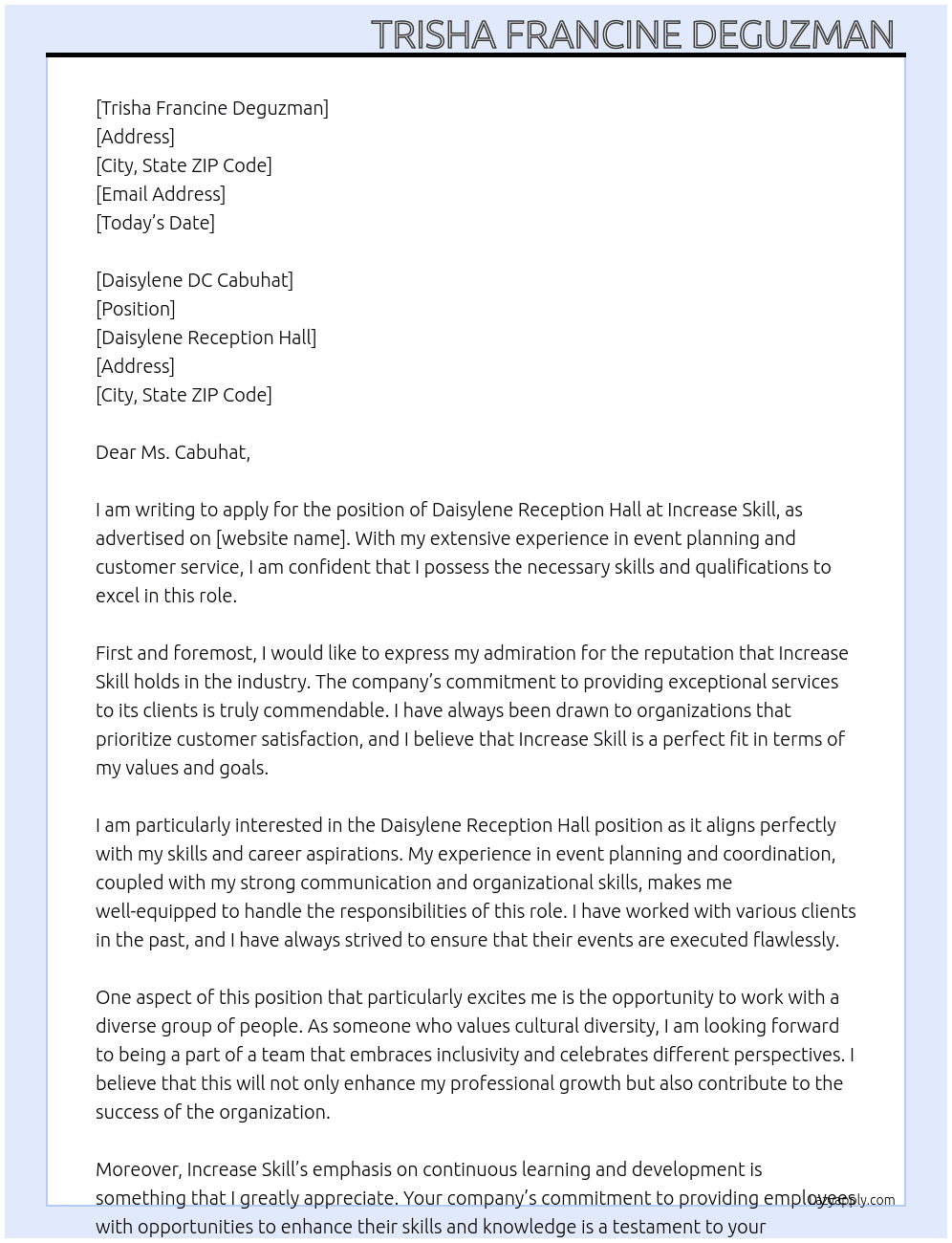 Daisylene Reception Hall  At Increase skill Cover Letter