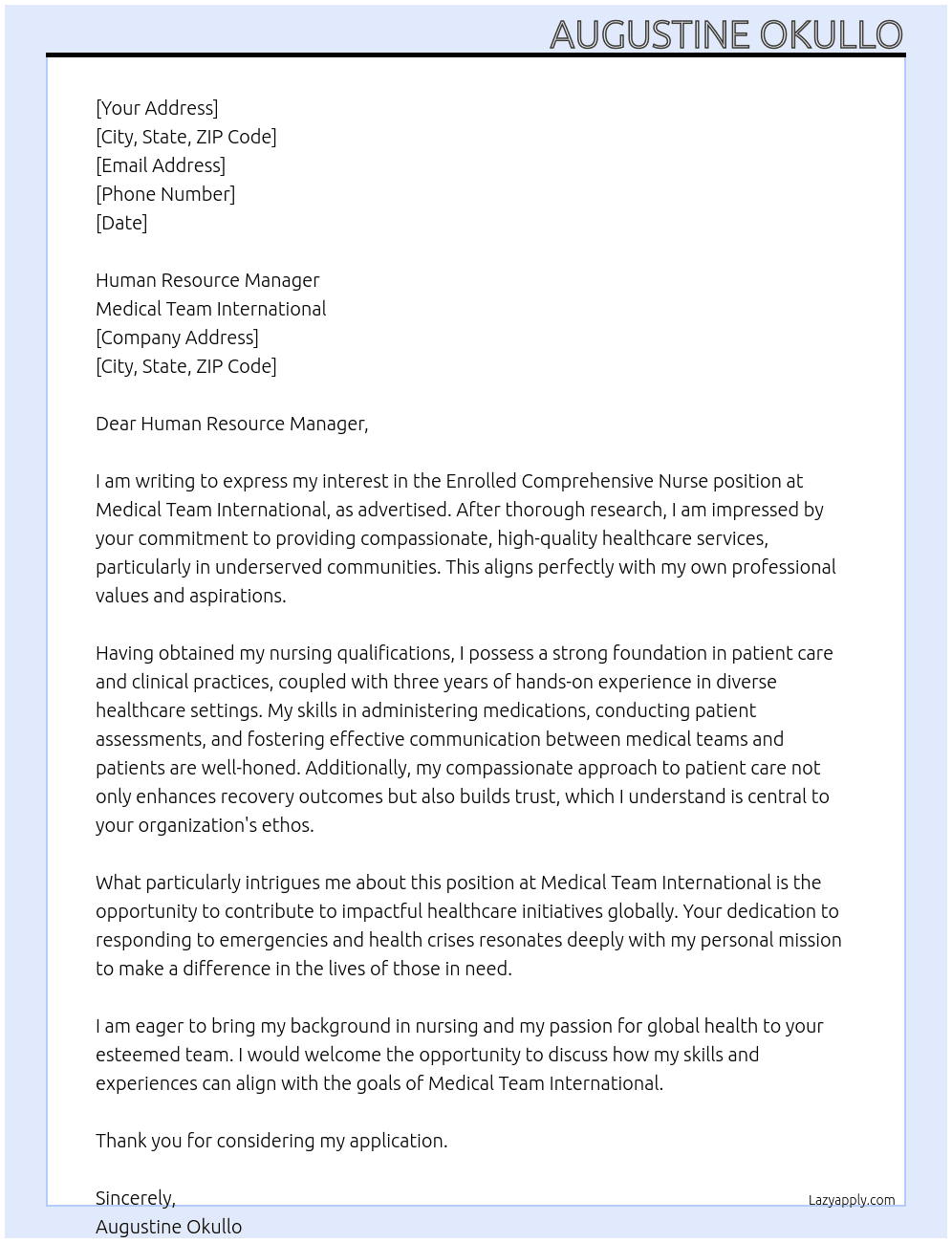 Enrolled Comprehensive Nurse At Medical Team International Cover Letter