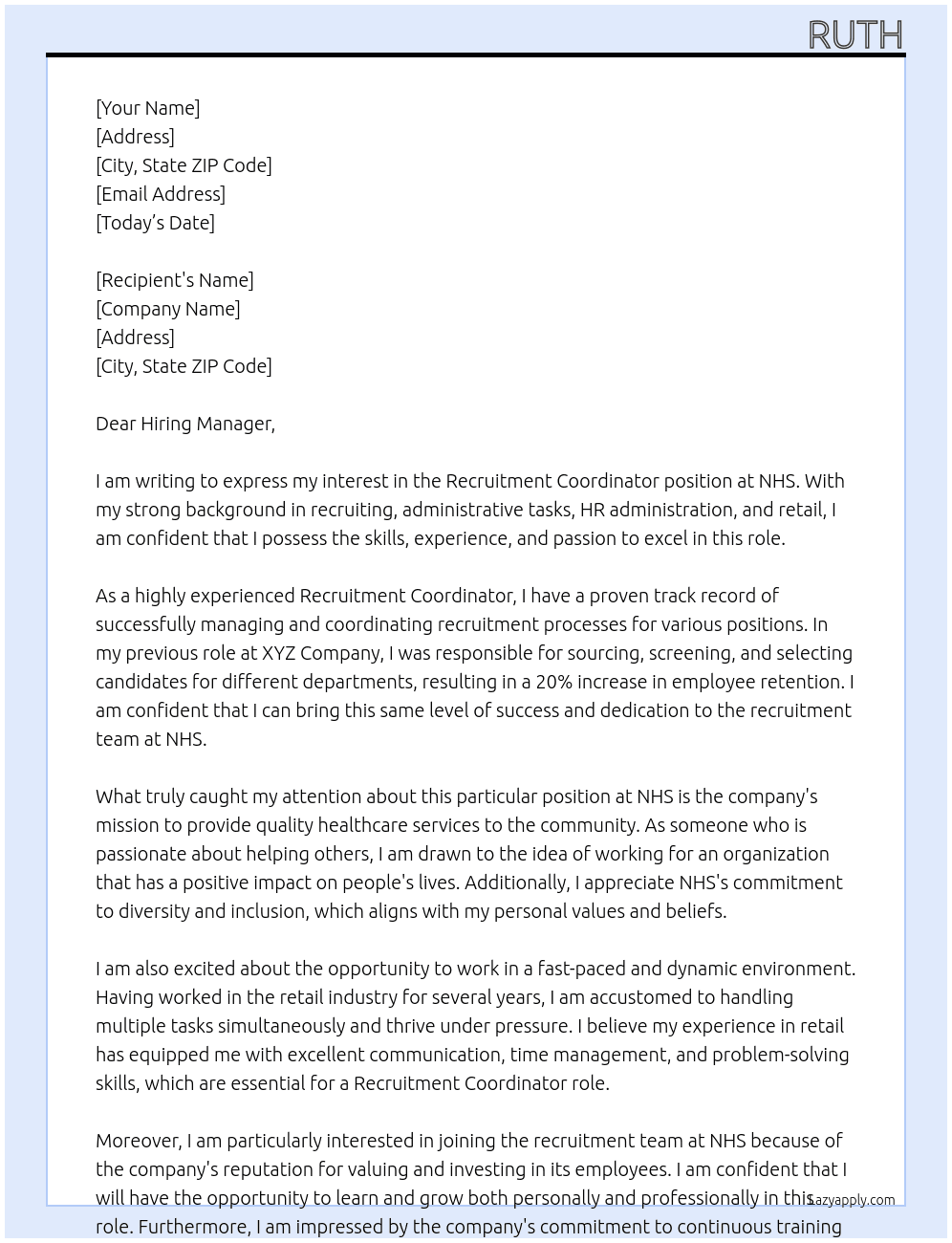 Recruitment Coordinator At NHS  Cover Letter